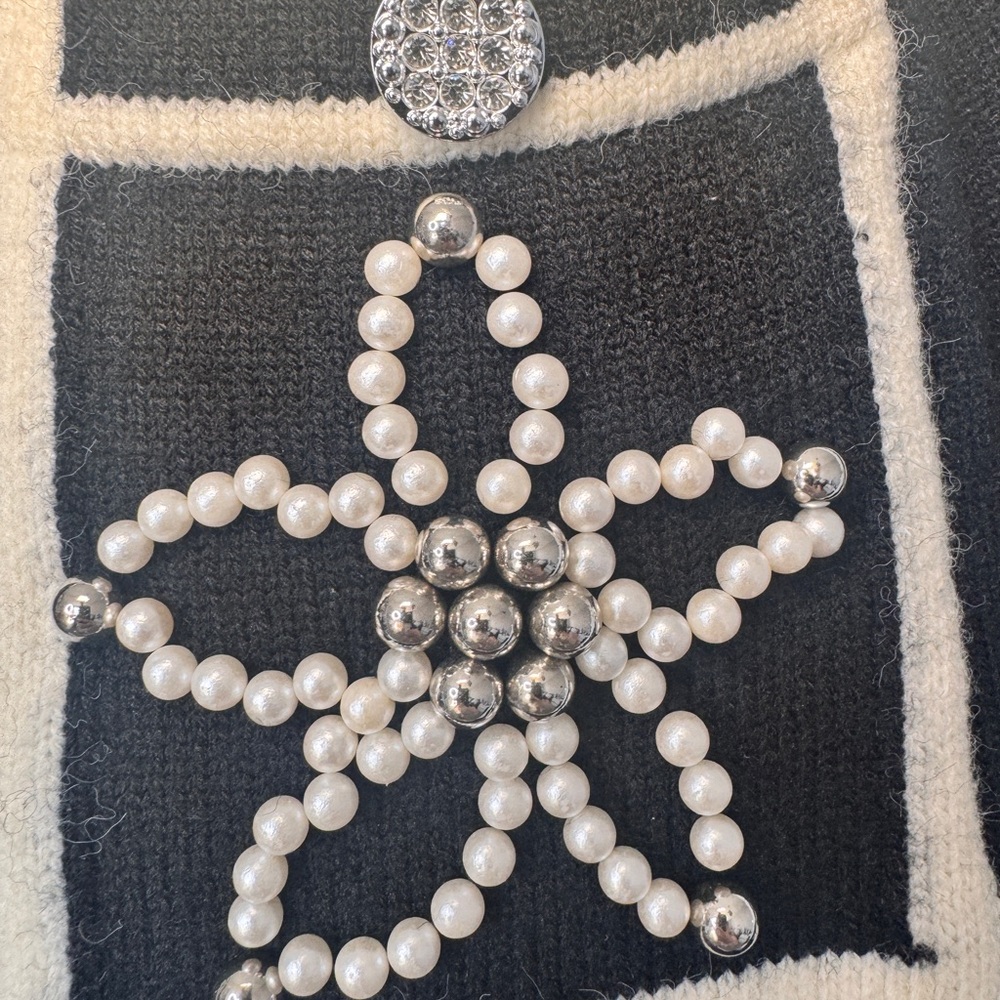 Beulah Black Knit Cardigan with Ivory Trim and Pearl Star Pockets - Picture 2 of 9